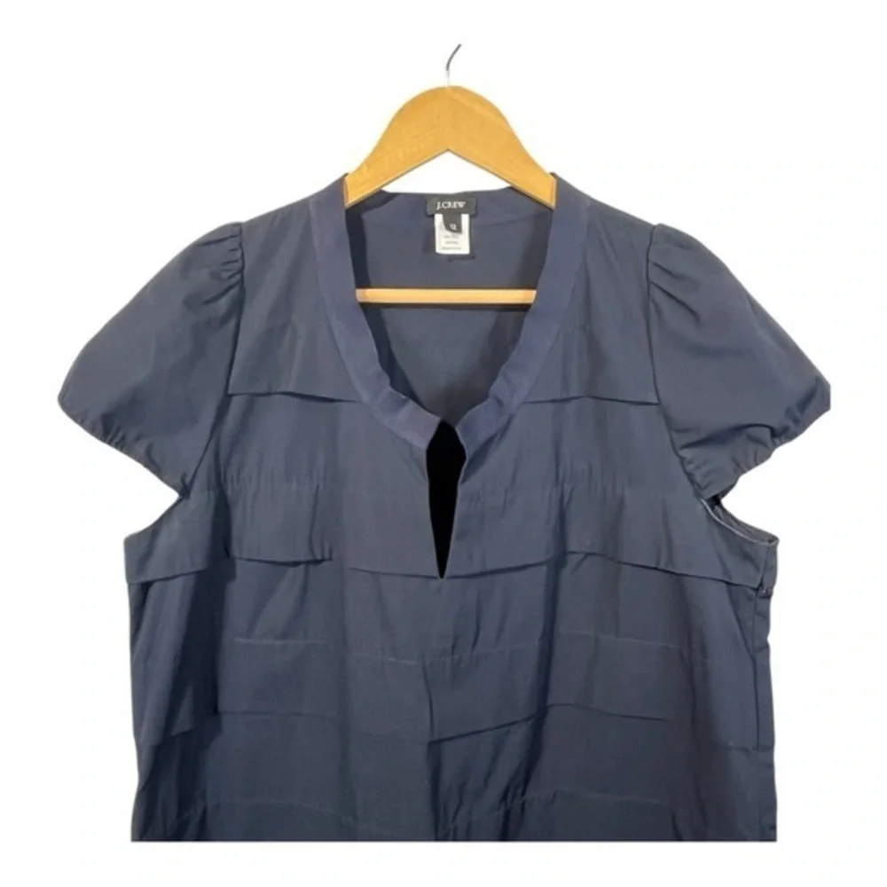 J.Crew Tiered Shift Dress‎ Womens 12 Navy Blue Cotton Puff Sleeve Mod Minimalist